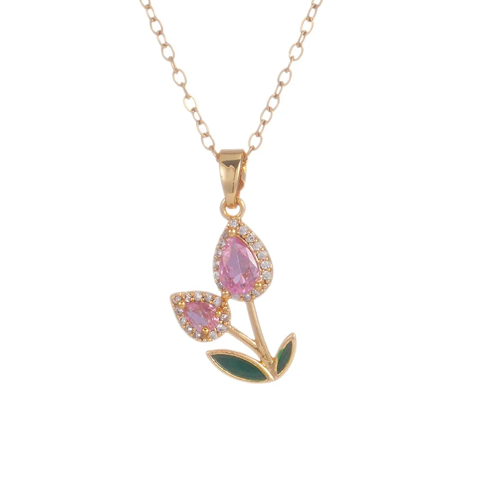 Wholesale Jewelry Copper Inlaid Zircon Electroplated Real Gold Flower Pendant Titanium Steel Chain Women's Necklace - Image 5