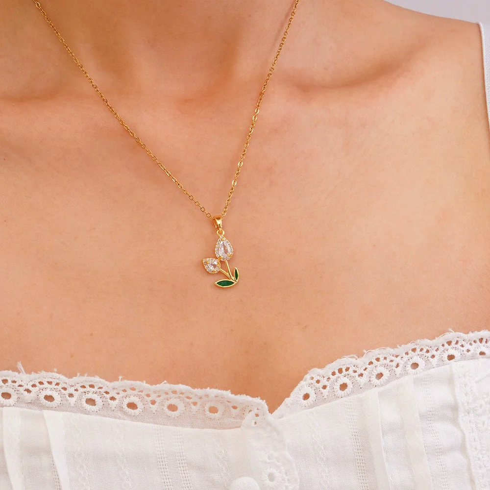 Wholesale Jewelry Copper Inlaid Zircon Electroplated Real Gold Flower Pendant Titanium Steel Chain Women's Necklace - Image 7