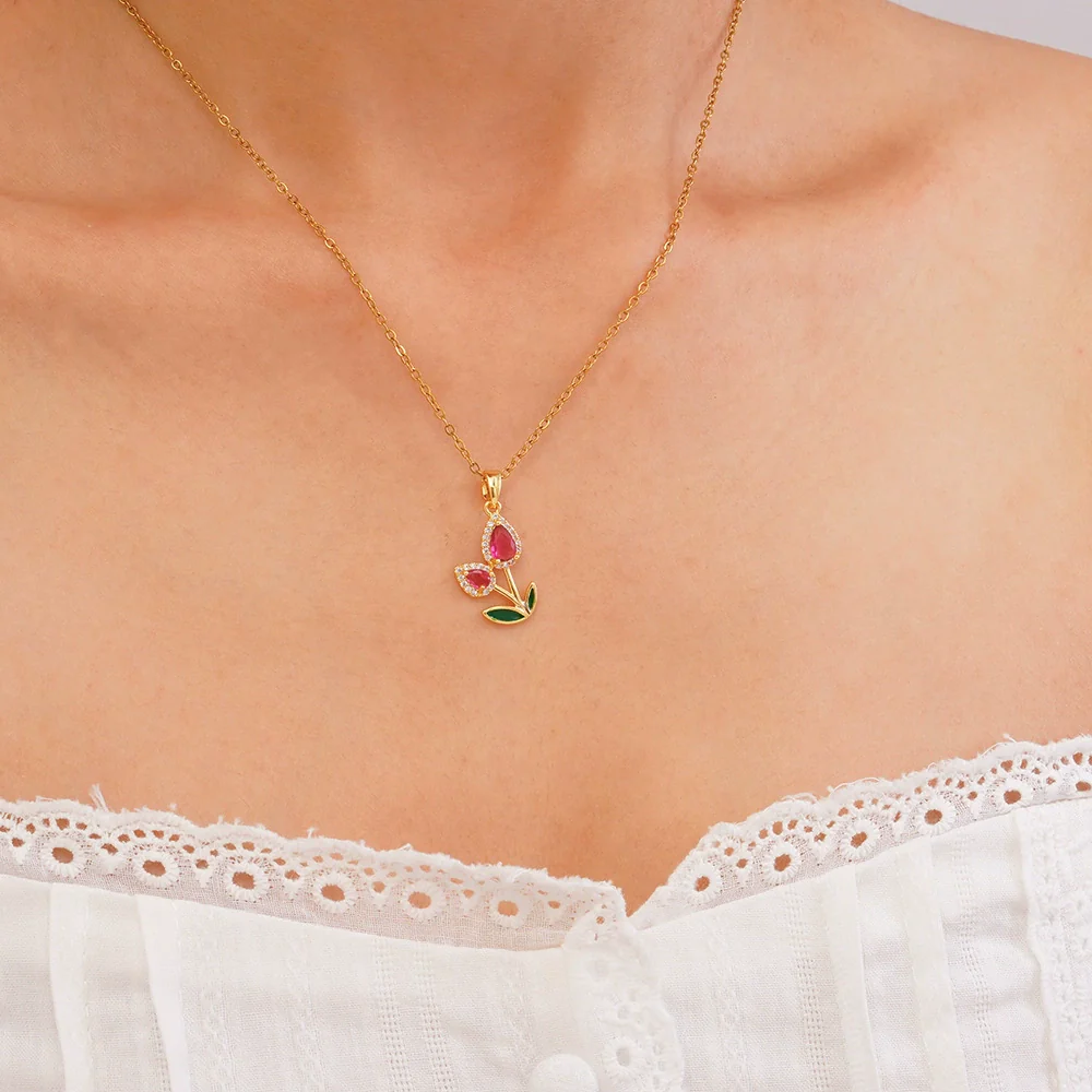 Wholesale Jewelry Copper Inlaid Zircon Electroplated Real Gold Flower Pendant Titanium Steel Chain Women's Necklace - Image 8