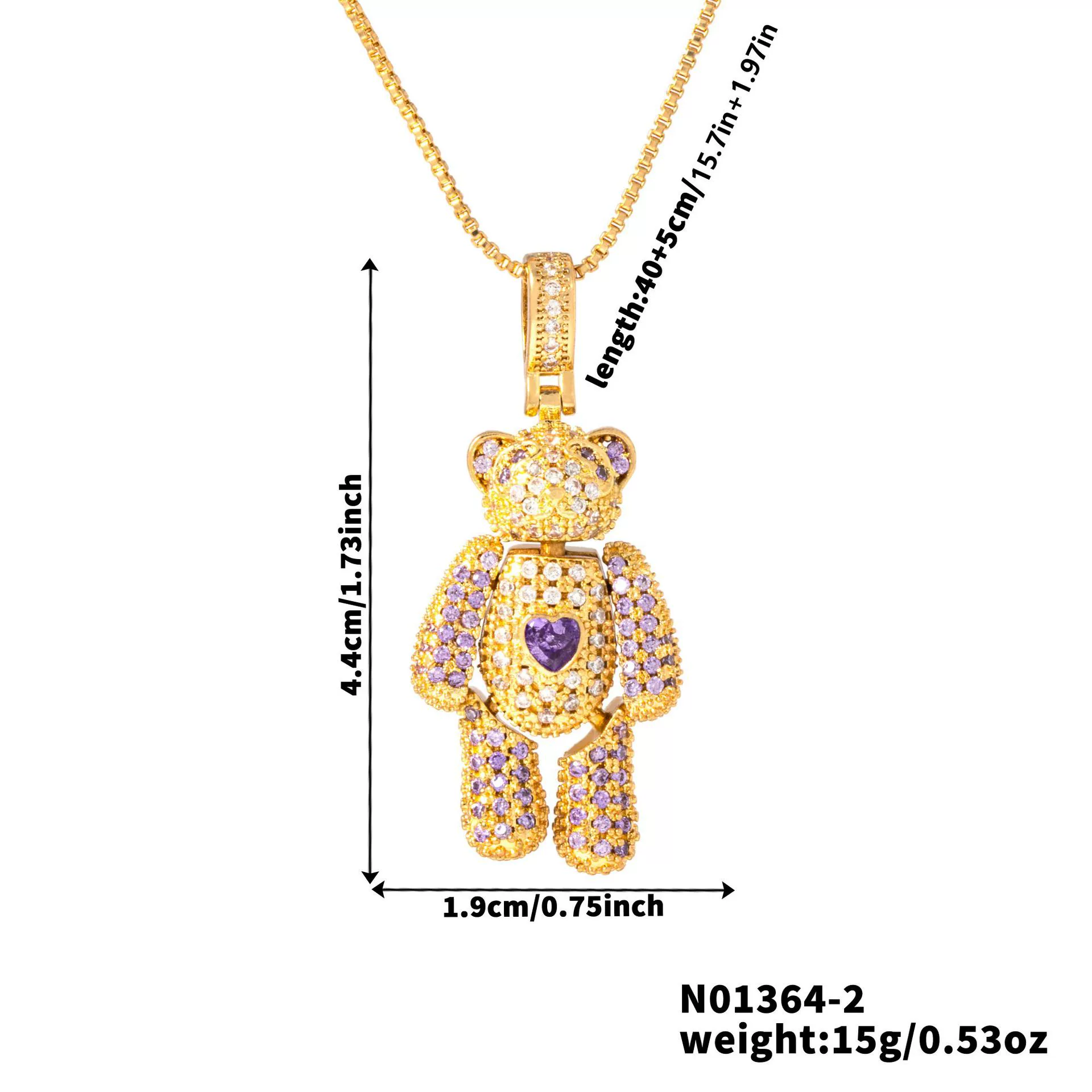 Wholesale Jewelry Copper Inlaid Zircon Heart Bear Pendant Electroplated Necklace With Animal Pattern - Image 7