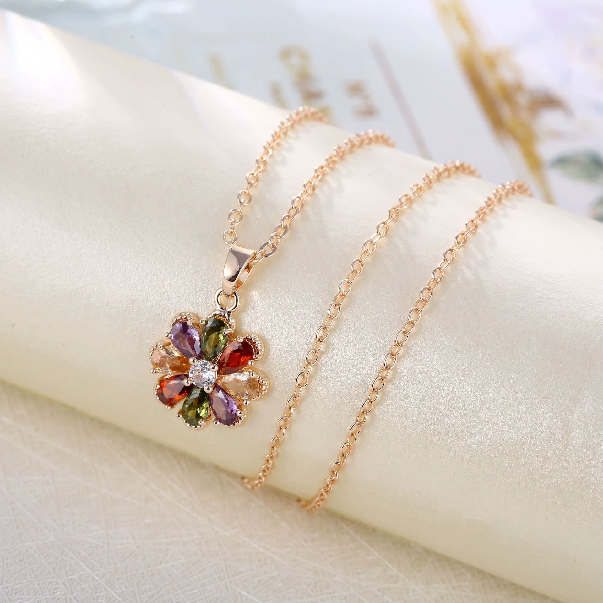 Wholesale Jewelry Copper Zircon Light Luxury Plant Flowers Ochain Earrings Necklace Set - Image 3