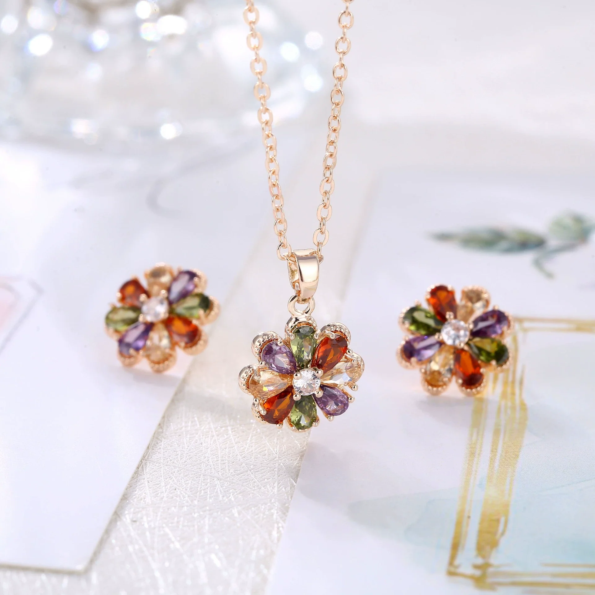 Wholesale Jewelry Copper Zircon Light Luxury Plant Flowers Ochain Earrings Necklace Set - Image 4