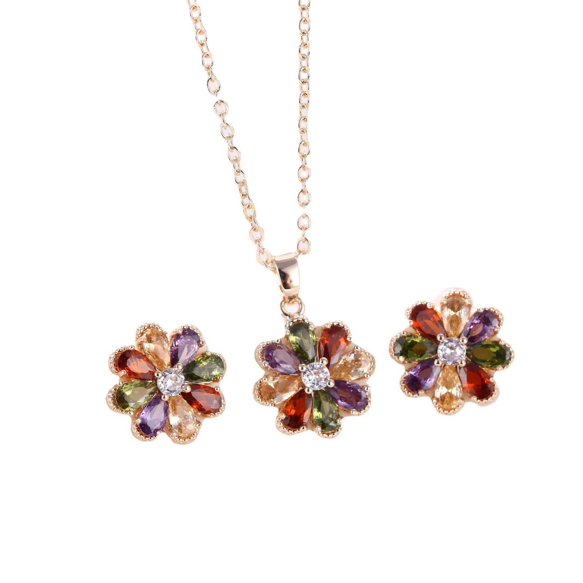 Wholesale Jewelry Copper Zircon Light Luxury Plant Flowers Ochain Earrings Necklace Set - Image 5