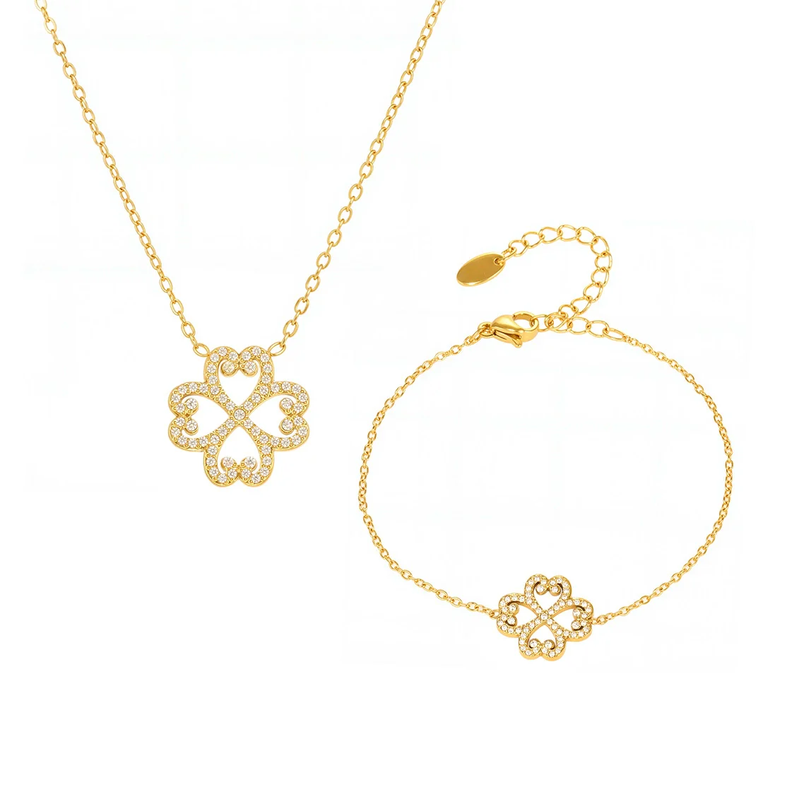 Wholesale Jewelry Diamond Heartshaped Hollow Fourleaf Clover Pendant Necklace Bracelet Set For Women Stainless Steel Zircon Titanium Steel Electroplated - Image 5