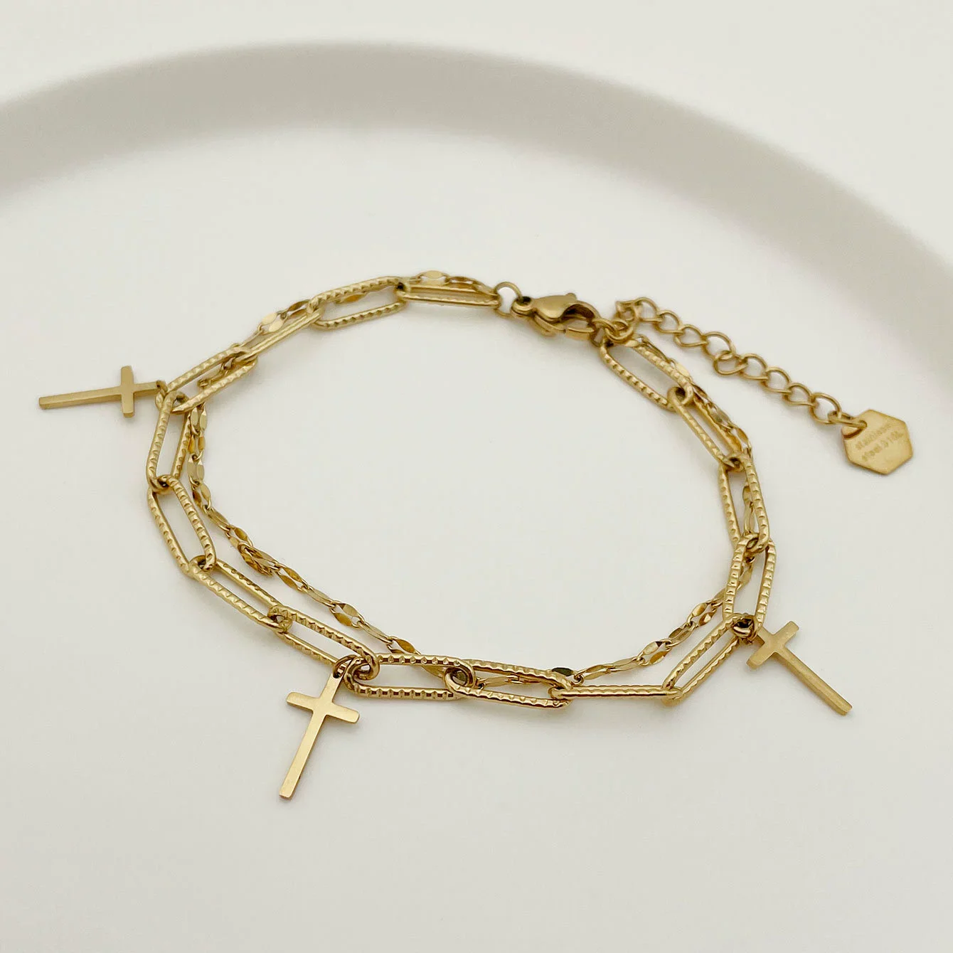 Wholesale Jewelry French Retro Style Cross Double Layer Stainless Steel Electroplated Bracelet - Image 2