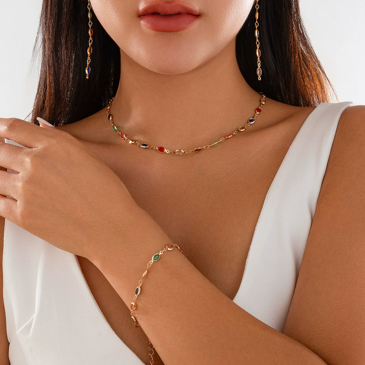 Wholesale Jewelry Geometric Metal Artificial Crystal Stacked Necklace And Earrings With Electroplating For Women - Image 2