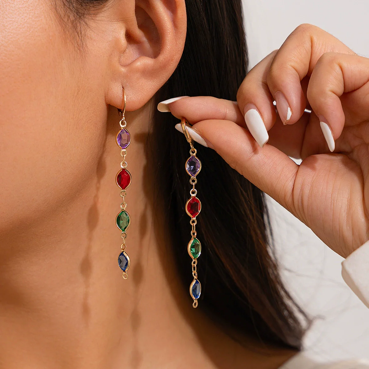 Wholesale Jewelry Geometric Metal Artificial Crystal Stacked Necklace And Earrings With Electroplating For Women - Image 6