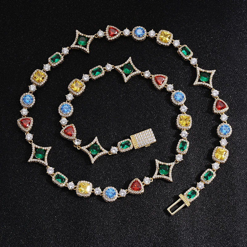 Wholesale Jewelry Geometric Star Pattern Copper 18K Gold Plated Gemset Bracelet And Necklace For Unisex Hip Hop Style - Image 6