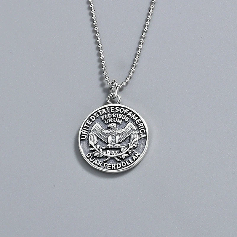 Wholesale Jewelry Geometric Style Eagle Coin 925 Silver Electroplated Bead Chain Necklace For Men And Women