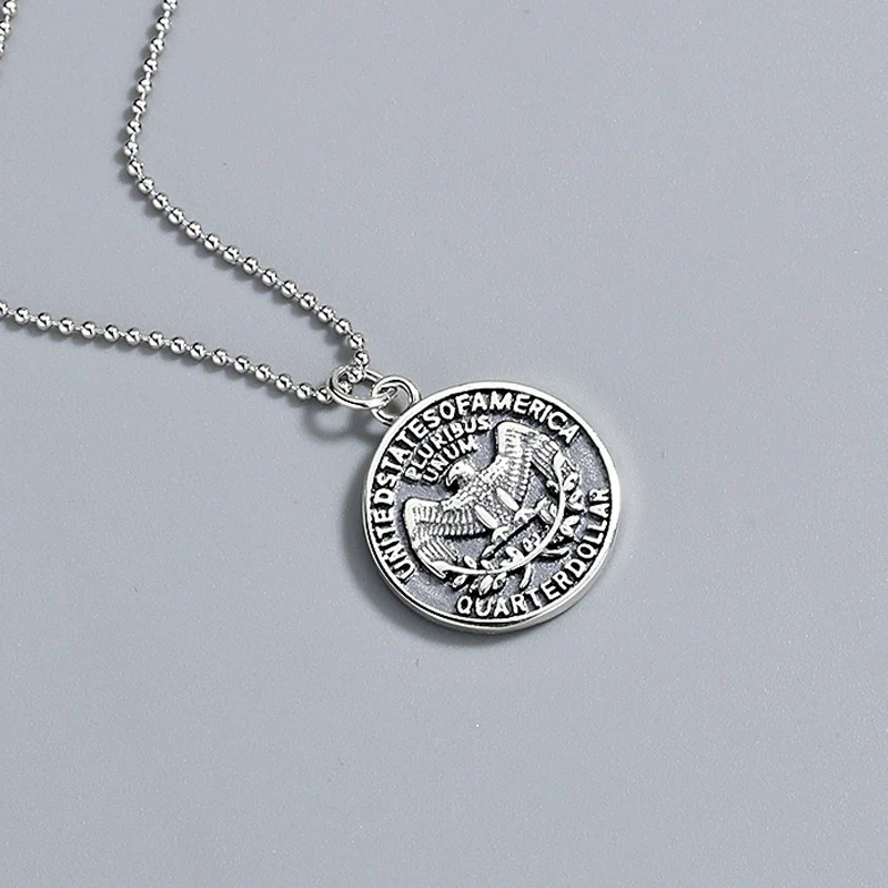 Wholesale Jewelry Geometric Style Eagle Coin 925 Silver Electroplated Bead Chain Necklace For Men And Women - Image 3