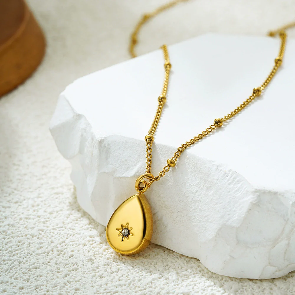 Wholesale Jewelry Geometric Style Stainless Steel Ball Chain Necklace With 18K Gold Plated Electroplating And Zircon Inlaid Moon Water Drop Pendant For Women - Image 3