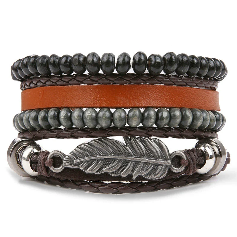 Wholesale Jewelry Handwoven Retro Feather Nameplate Artificial Leather Men's Bracelet - Image 15