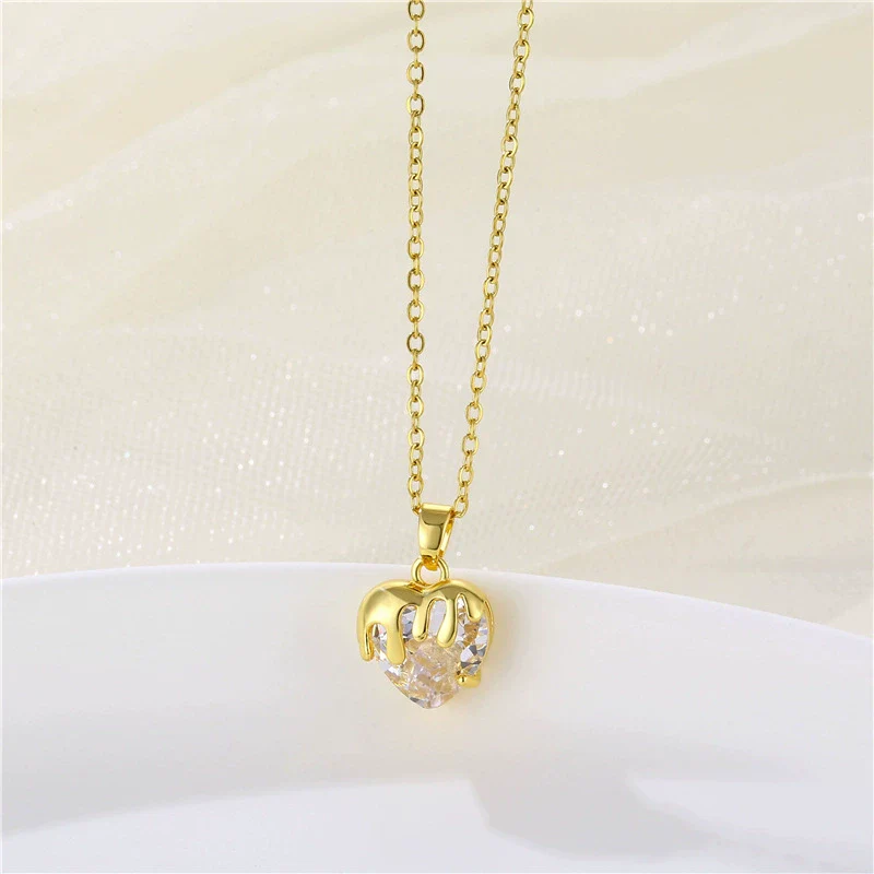 Wholesale Jewelry Heart Shaped Stainless Steel Crystal Clavicle Chain With Zircon And Fruit Food Style Electroplated - Image 3