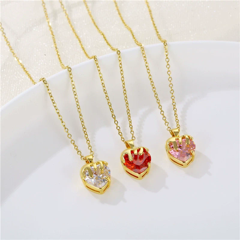 Wholesale Jewelry Heart Shaped Stainless Steel Crystal Clavicle Chain With Zircon And Fruit Food Style Electroplated - Image 4