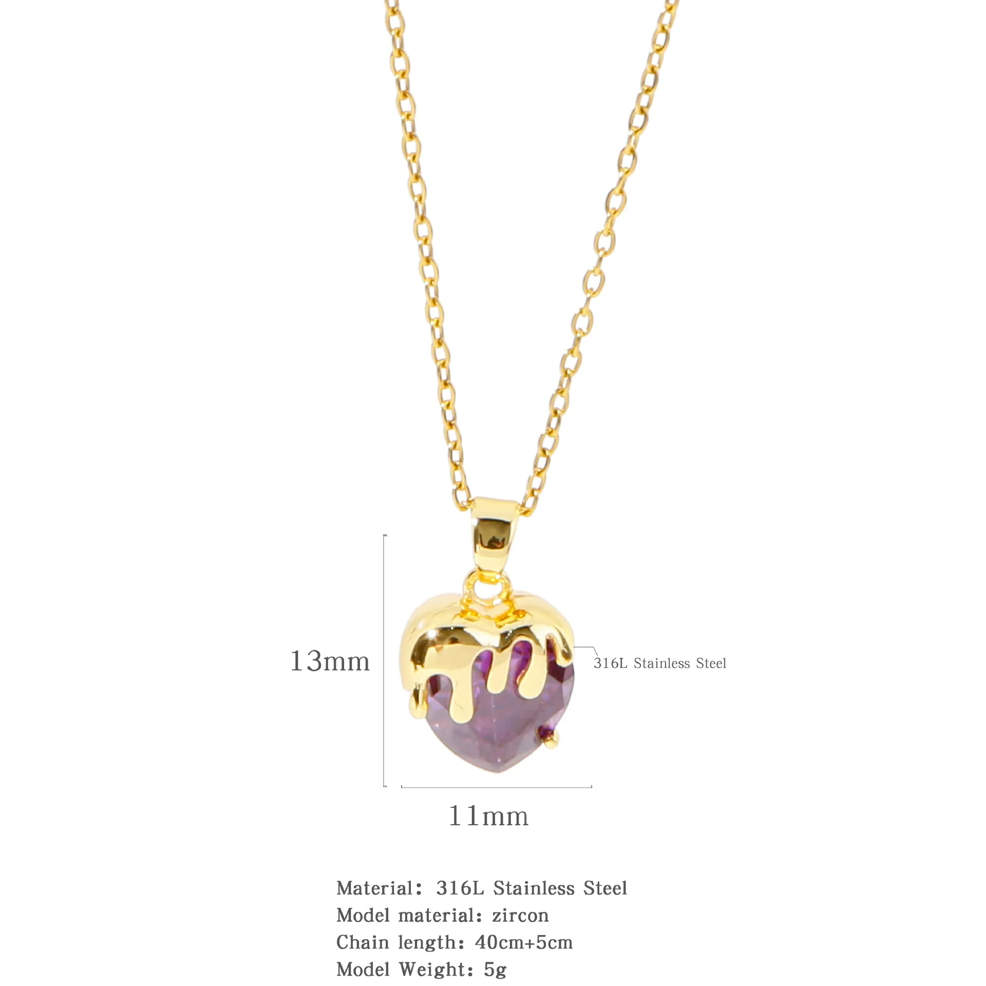 Wholesale Jewelry Heart Shaped Stainless Steel Crystal Clavicle Chain With Zircon And Fruit Food Style Electroplated - Image 7