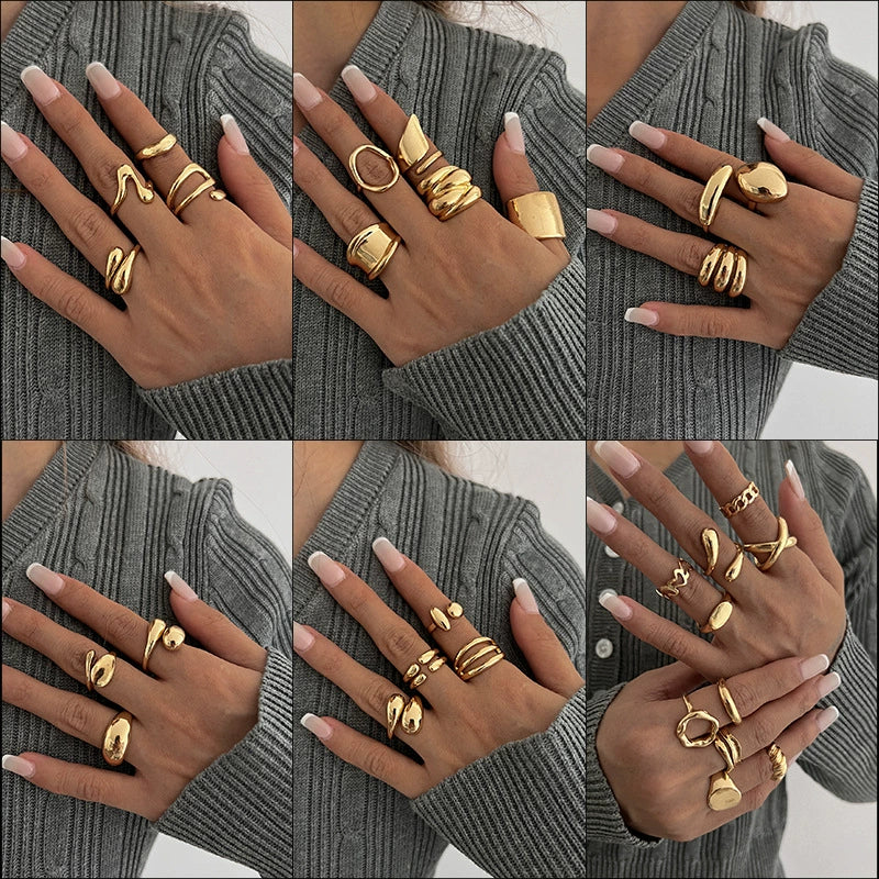 Wholesale Jewelry Hiphop Style Zinc Alloy Geometric Irregular Joint Ring Set For Women With Electroplating