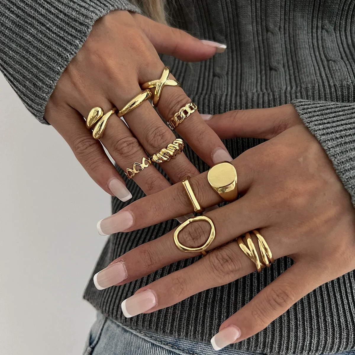 Wholesale Jewelry Hiphop Style Zinc Alloy Geometric Irregular Joint Ring Set For Women With Electroplating - Image 17