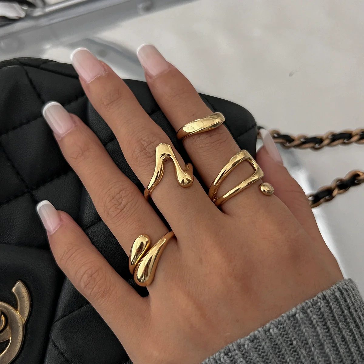 Wholesale Jewelry Hiphop Style Zinc Alloy Geometric Irregular Joint Ring Set For Women With Electroplating - Image 2