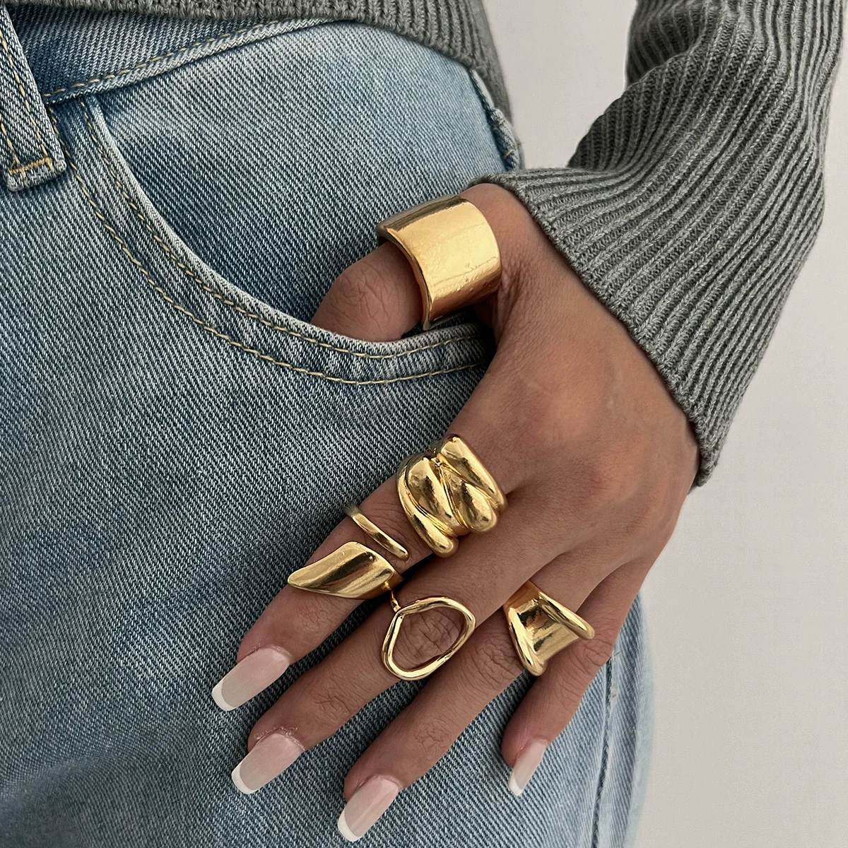 Wholesale Jewelry Hiphop Style Zinc Alloy Geometric Irregular Joint Ring Set For Women With Electroplating - Image 3