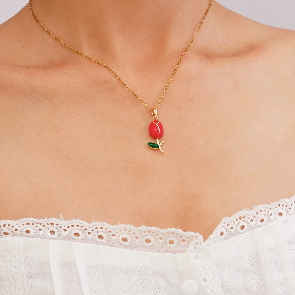 Wholesale Jewelry Light Luxury Style Flower Tulip Copper Clavicle Chain Necklace With Mixed Gemstone Setting And Electroplating - Image 10