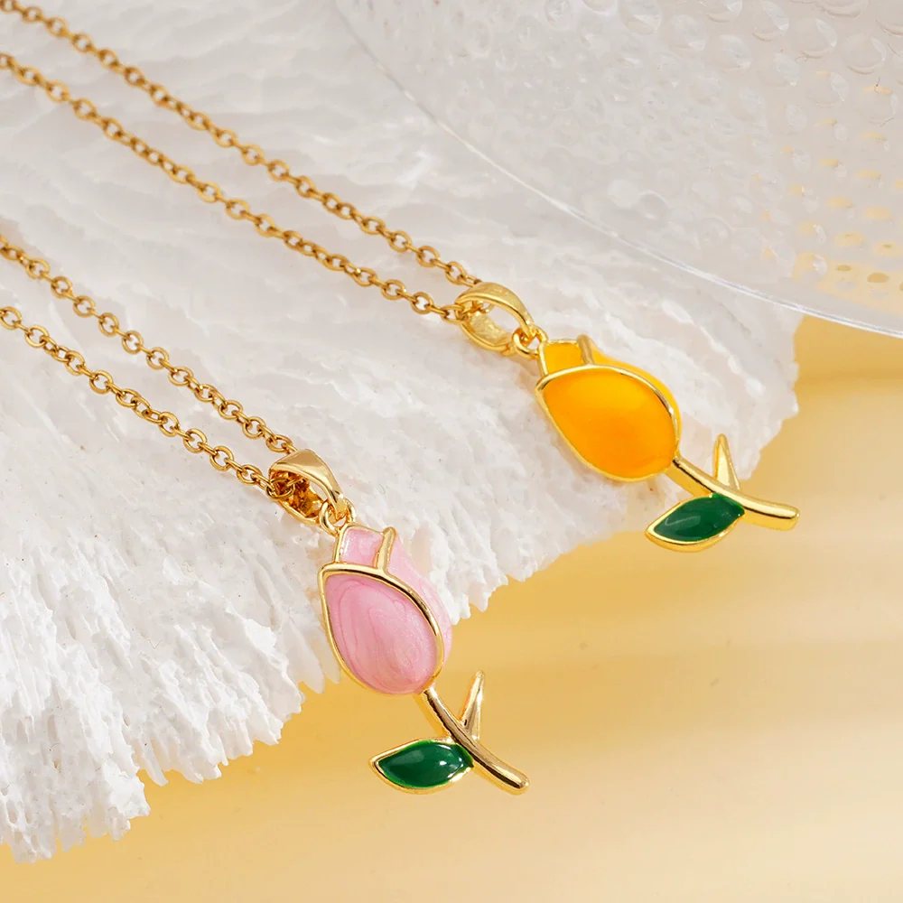 Wholesale Jewelry Light Luxury Style Flower Tulip Copper Clavicle Chain Necklace With Mixed Gemstone Setting And Electroplating - Image 3