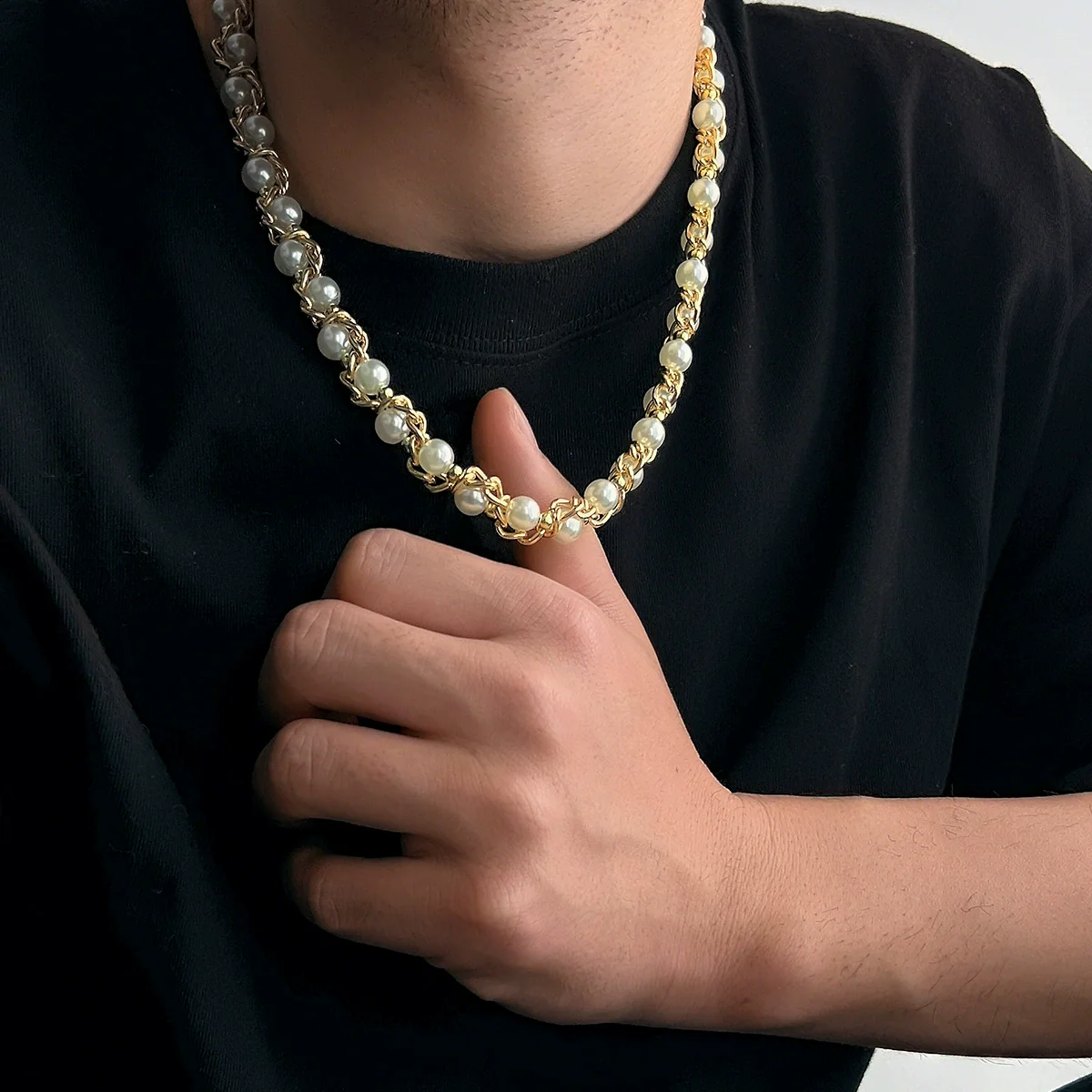 Wholesale Jewelry Men's Imitation Pearl Chain Geometric Style Alloy Pendant Handmade Necklace
