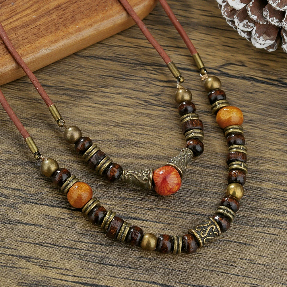 Wholesale Jewelry Metal Wood Bead Leather Alloy Geometric Handmade Unisex Hiphop Necklace - Image 4