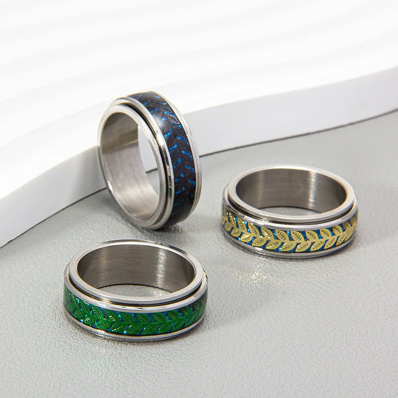 Wholesale Jewelry Olive Leaf Shape Titanium Steel Rotatable Ring With Dripping Oil Treatment And Flower Pattern - Image 3