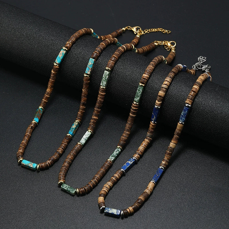 Wholesale Jewelry Retro Bohemian Style Coconut Shell Wooden Beads Natural Stone U Shape Necklace Unisex