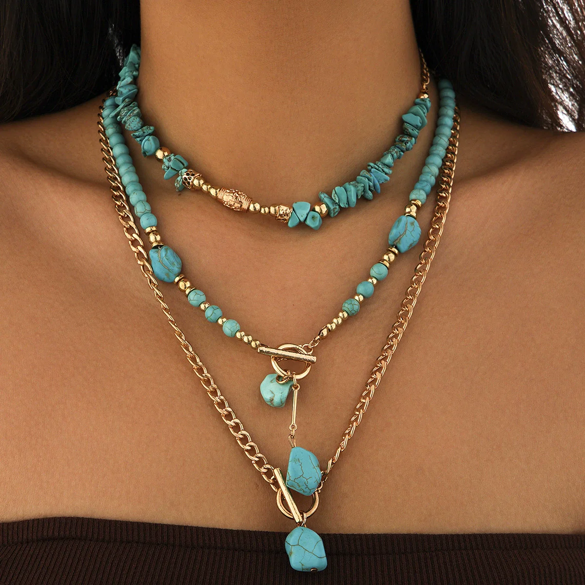 Wholesale Jewelry Retro Casual Style Geometric Turquoise Iron Alloy Chain Multilayer Bohemian Necklace With Electroplating - Image 6