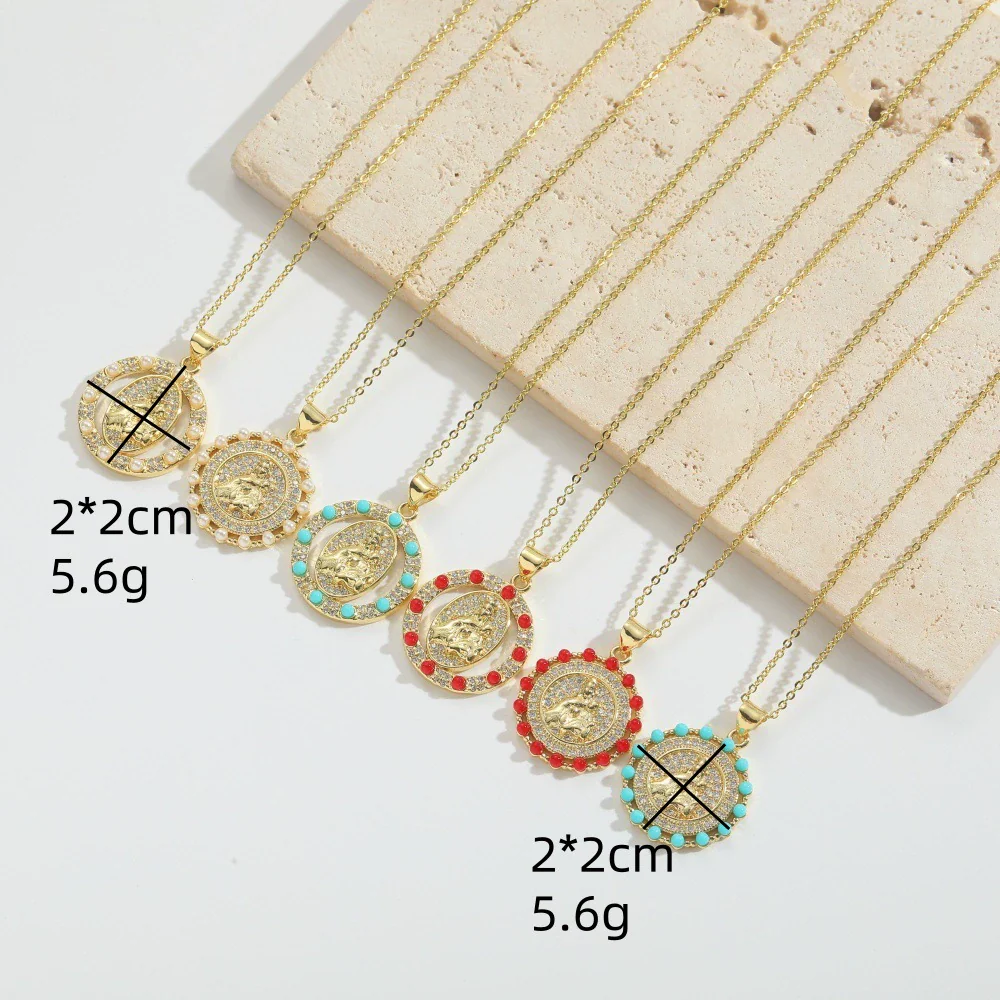 Wholesale Jewelry Retro Discshaped Geometric Copper Mixed Gemstone Setting Inlaid Pearl Electroplating Pendant Clavicle Chain Necklace For Women - Image 2