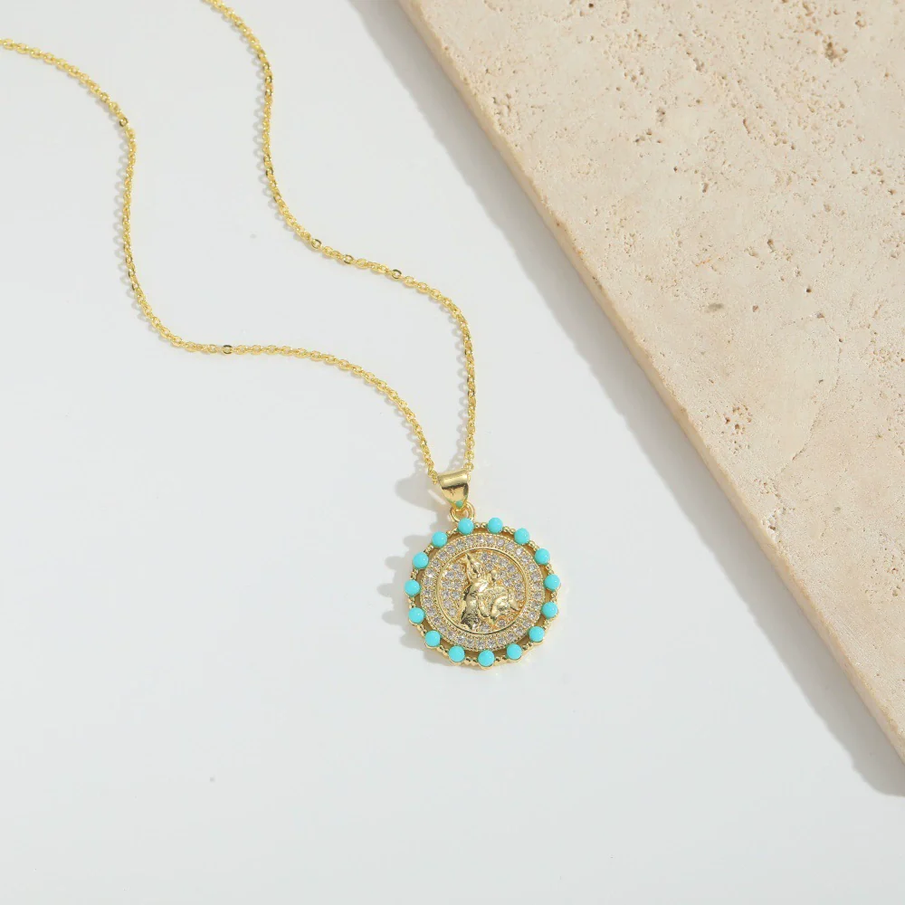 Wholesale Jewelry Retro Discshaped Geometric Copper Mixed Gemstone Setting Inlaid Pearl Electroplating Pendant Clavicle Chain Necklace For Women - Image 3