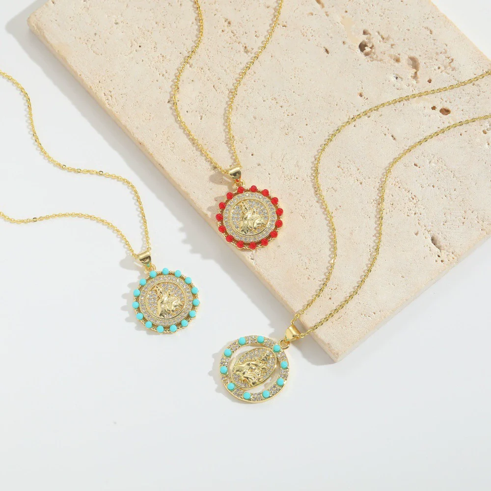 Wholesale Jewelry Retro Discshaped Geometric Copper Mixed Gemstone Setting Inlaid Pearl Electroplating Pendant Clavicle Chain Necklace For Women - Image 4
