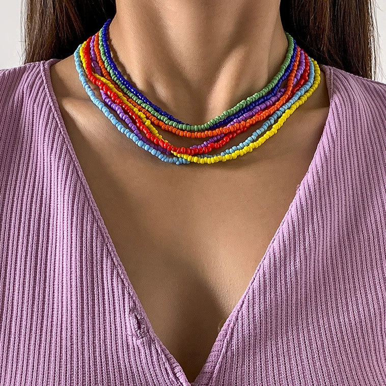 Wholesale Jewelry Retro Personality Geometric Rice Beads Woven Necklace Set With Electroplating For Women