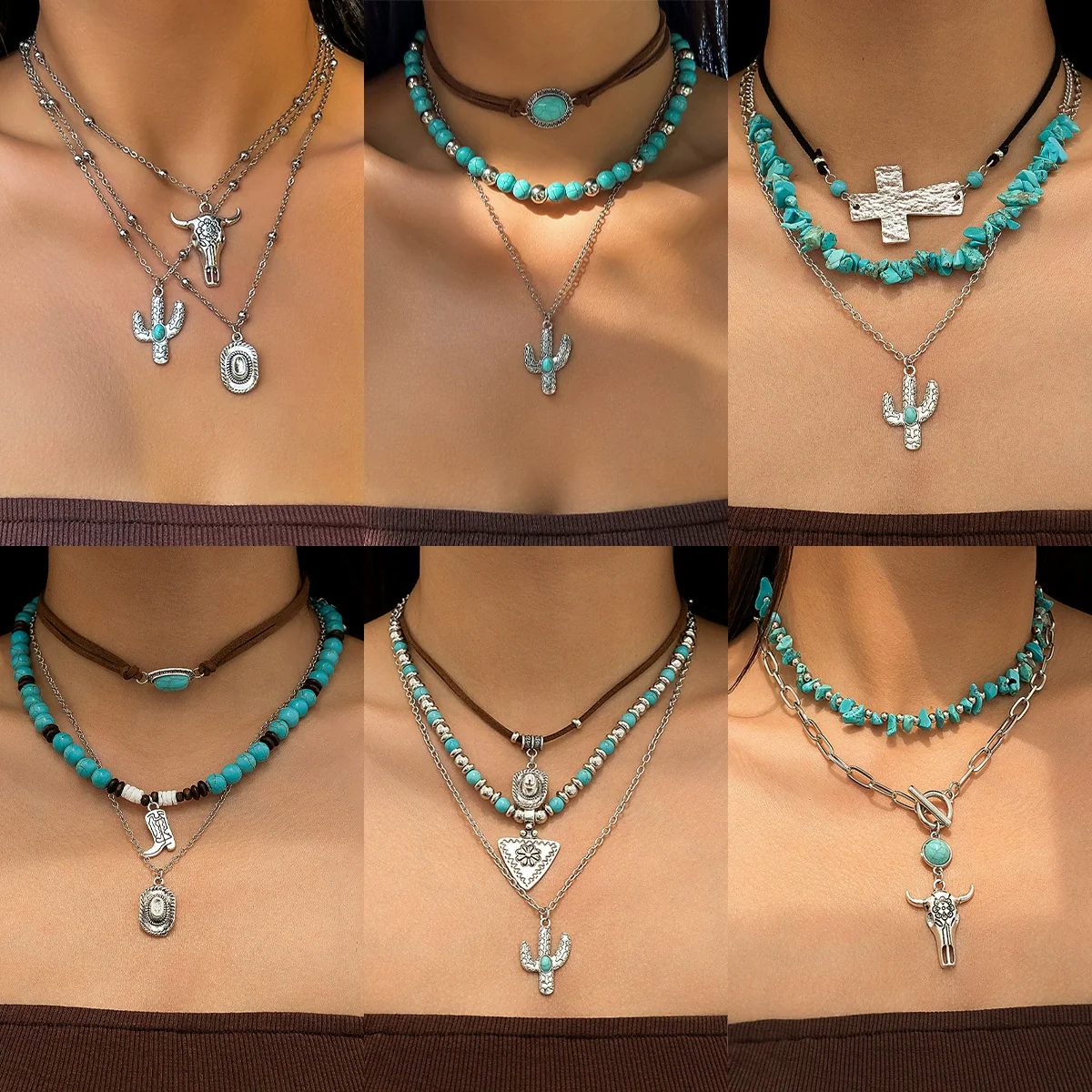Wholesale Jewelry Retro Style Geometric Zinc Alloy Electroplated Cow Head Beaded Ball Chain Clavicle Necklace For Women