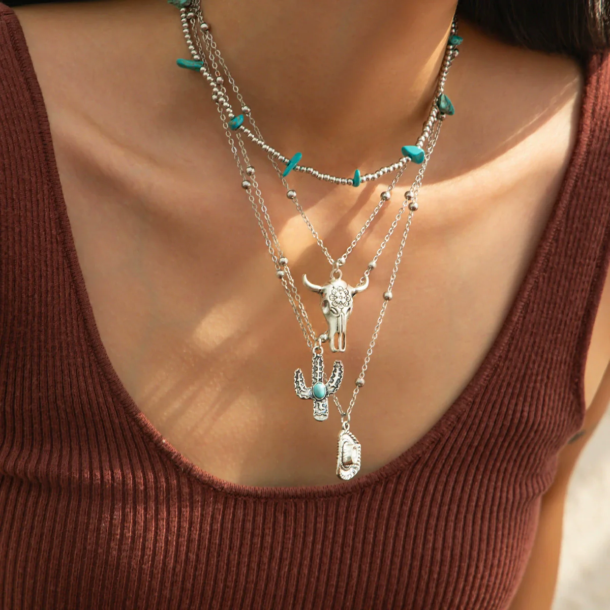 Wholesale Jewelry Retro Style Geometric Zinc Alloy Electroplated Cow Head Beaded Ball Chain Clavicle Necklace For Women - Image 15