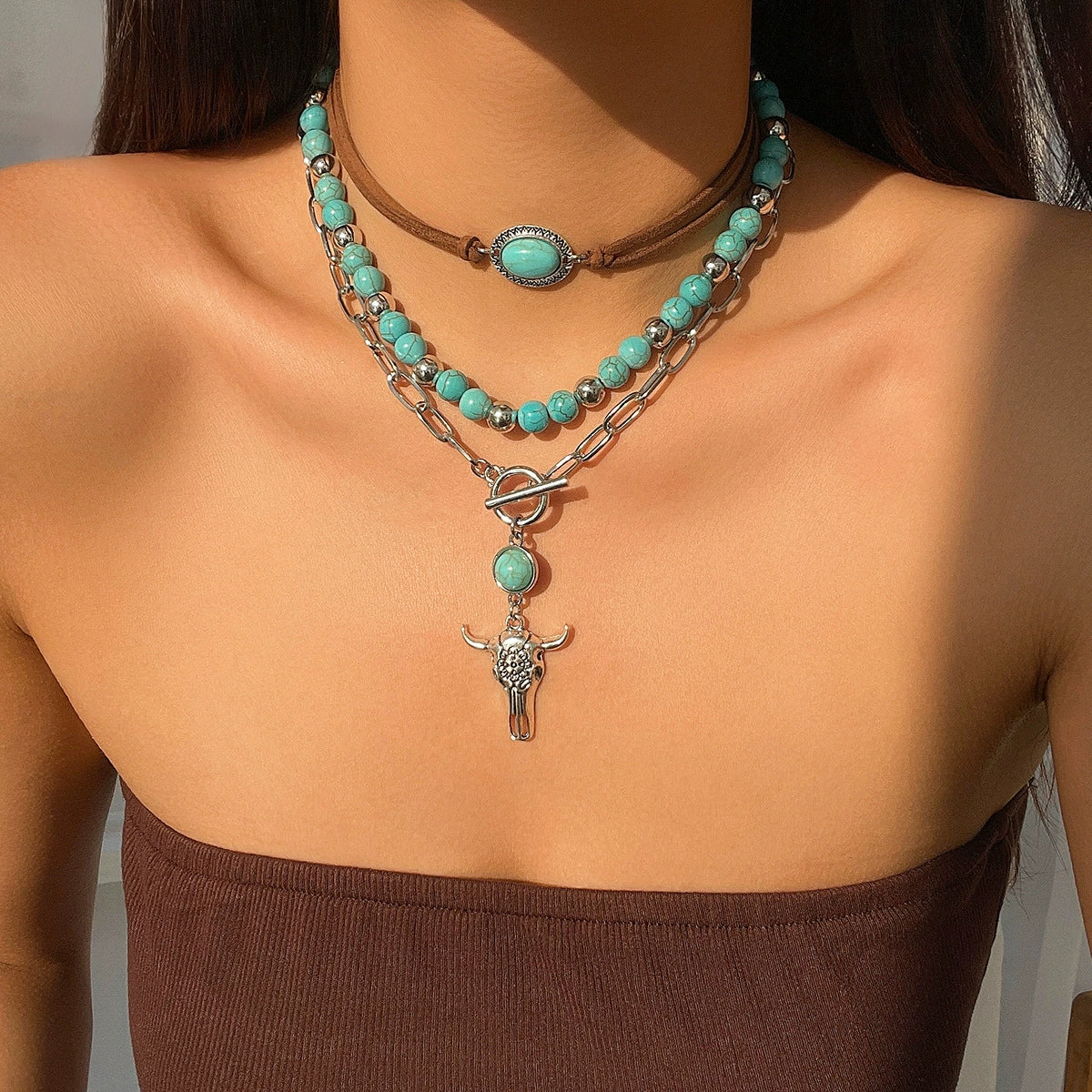 Wholesale Jewelry Retro Style Geometric Zinc Alloy Electroplated Cow Head Beaded Ball Chain Clavicle Necklace For Women - Image 8
