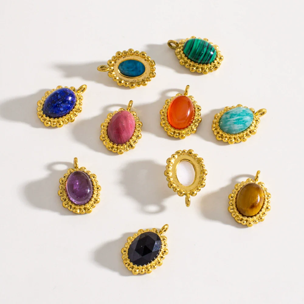 Wholesale Jewelry Retro Style Oval Natural Stone Inlaid Stainless Steel Electroplated Earrings Pendant - Image 2