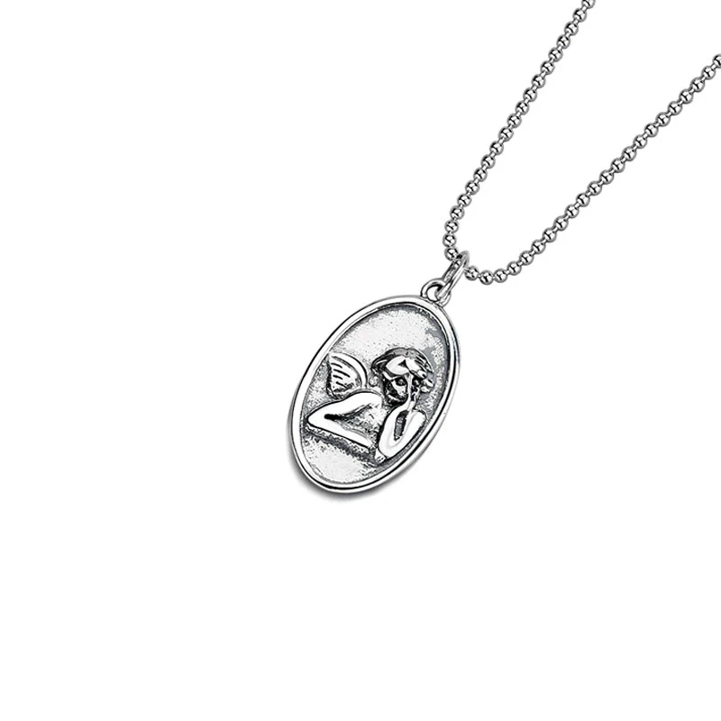 Wholesale Jewelry Silver 925 Sterling Geometric Ball Chain Hip Hop Guardian Angel Pendant Necklace - Image 5