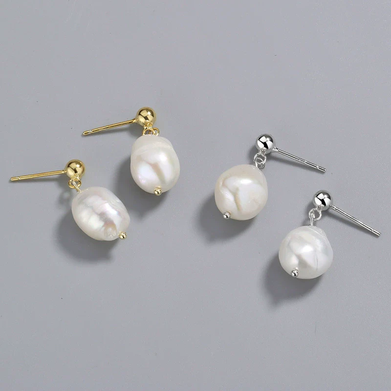 Wholesale Jewelry Simple Baroque Freshwater Pearl S925 Sterling Silver Geometric Electroplated Earrings For Women And Students