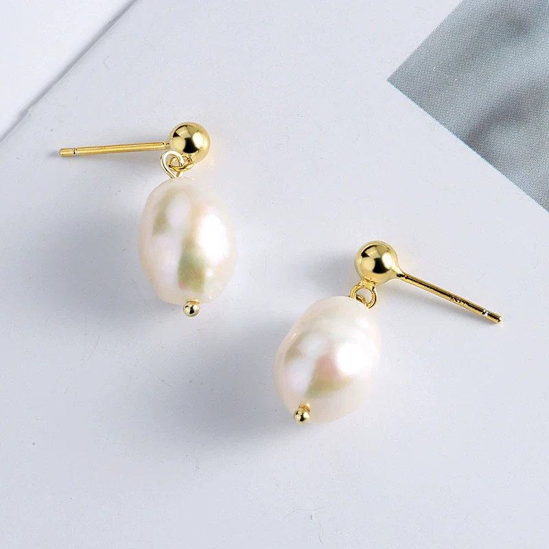 Wholesale Jewelry Simple Baroque Freshwater Pearl S925 Sterling Silver Geometric Electroplated Earrings For Women And Students - Image 2