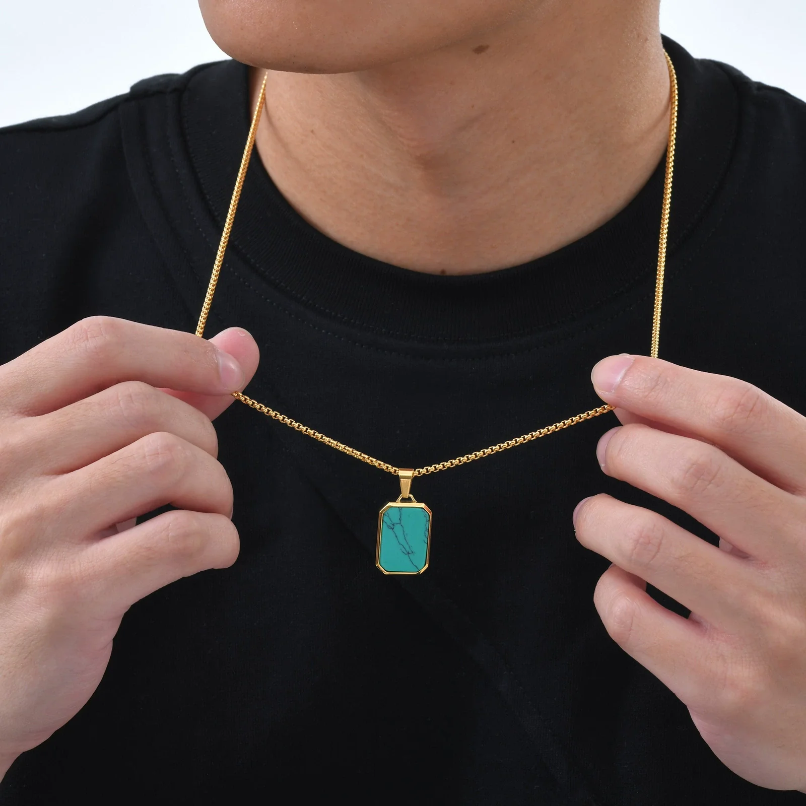 Wholesale Jewelry Stainless Steel Geometric Rectangular Turquoise Tiger Eye Lapis Pendant Necklace For Men Electroplated - Image 4