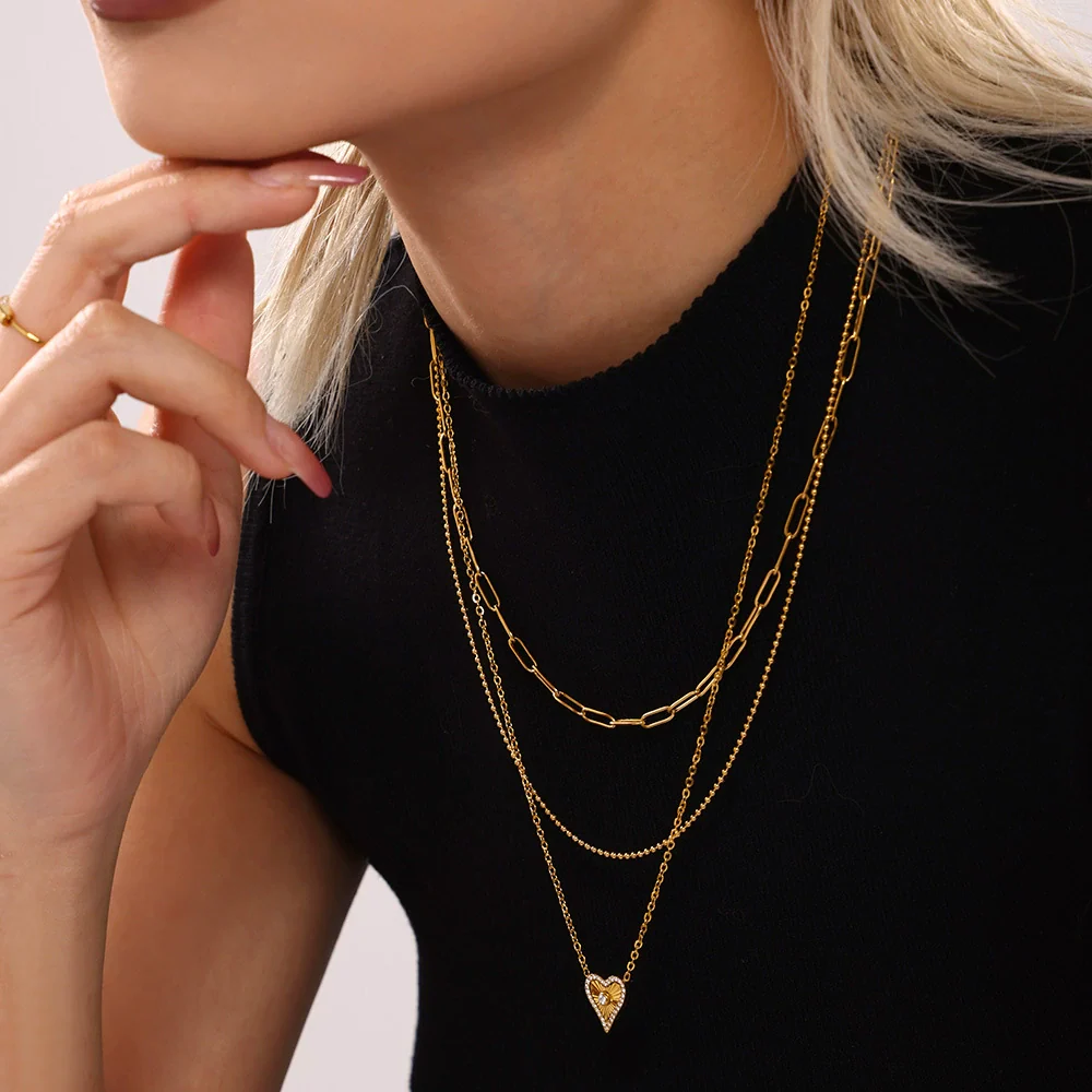 Wholesale Jewelry Stainless Steel Zircon Doublelayer Love Heart Electroplated Unisex Necklace Bracelet Suit