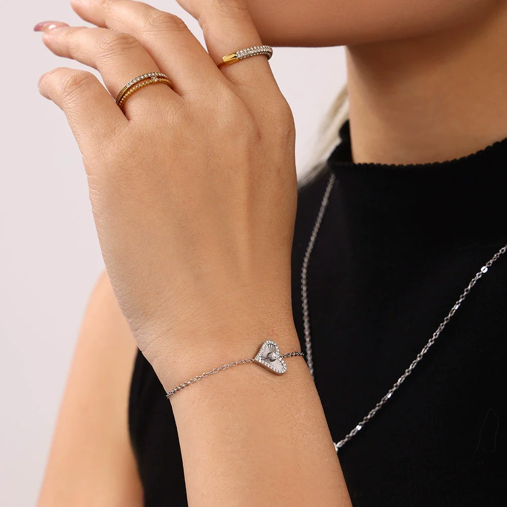 Wholesale Jewelry Stainless Steel Zircon Doublelayer Love Heart Electroplated Unisex Necklace Bracelet Suit - Image 3