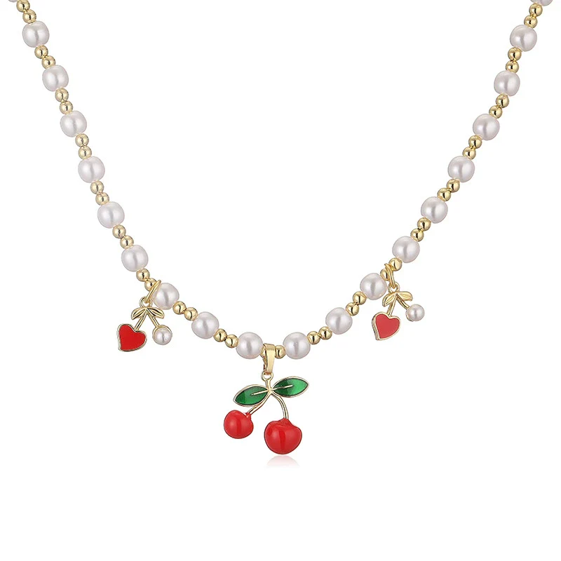 Wholesale Jewelry Sweet Fruit Style Copper Inlaid With Pearls Round Bead Earrings And Necklace - Image 5