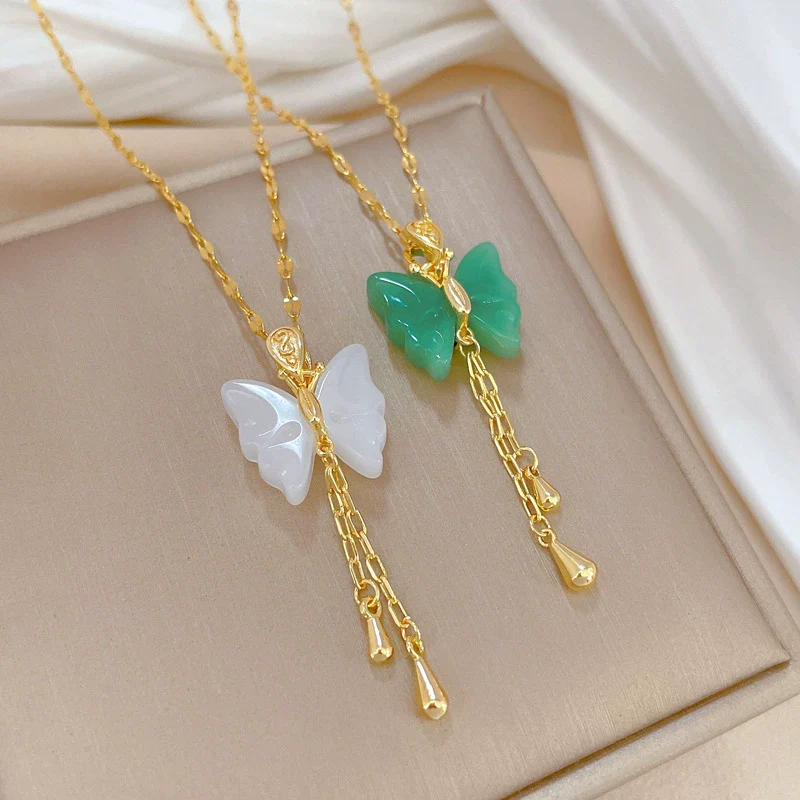 Wholesale Jewelry Titanium Steel Copper Goldplated Geometric Butterfly Pendant With Real Gold Chalcedony And Diamond Design For Women