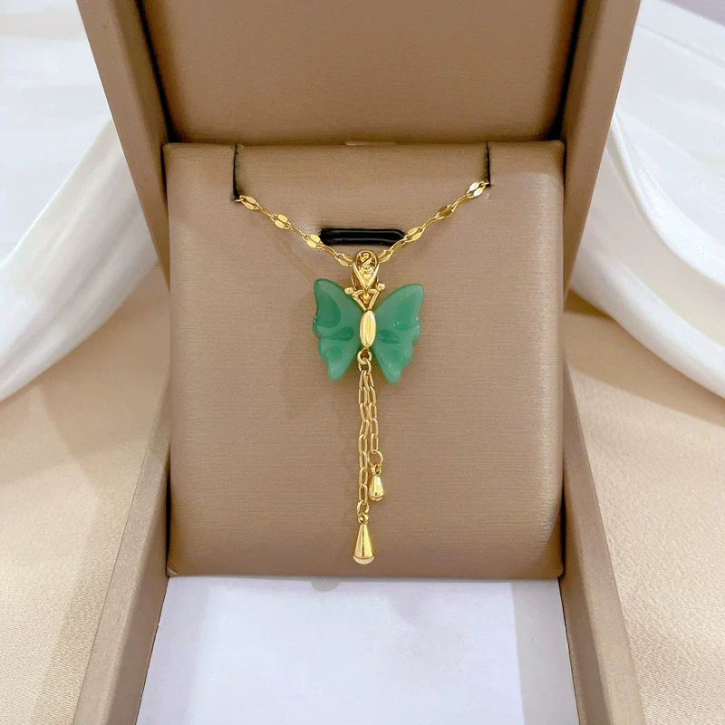 Wholesale Jewelry Titanium Steel Copper Goldplated Geometric Butterfly Pendant With Real Gold Chalcedony And Diamond Design For Women - Image 2