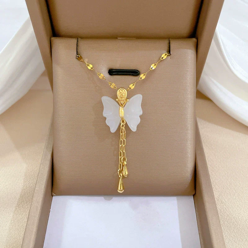 Wholesale Jewelry Titanium Steel Copper Goldplated Geometric Butterfly Pendant With Real Gold Chalcedony And Diamond Design For Women - Image 3