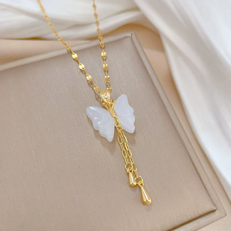 Wholesale Jewelry Titanium Steel Copper Goldplated Geometric Butterfly Pendant With Real Gold Chalcedony And Diamond Design For Women - Image 4