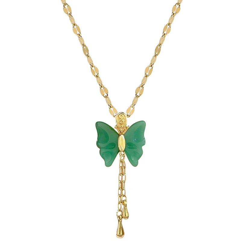 Wholesale Jewelry Titanium Steel Copper Goldplated Geometric Butterfly Pendant With Real Gold Chalcedony And Diamond Design For Women - Image 5